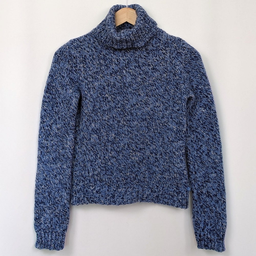 AE Vintage Chunky Knit Turtleneck Sweater Boxy Cropped Cowl Marled Blue Wool M